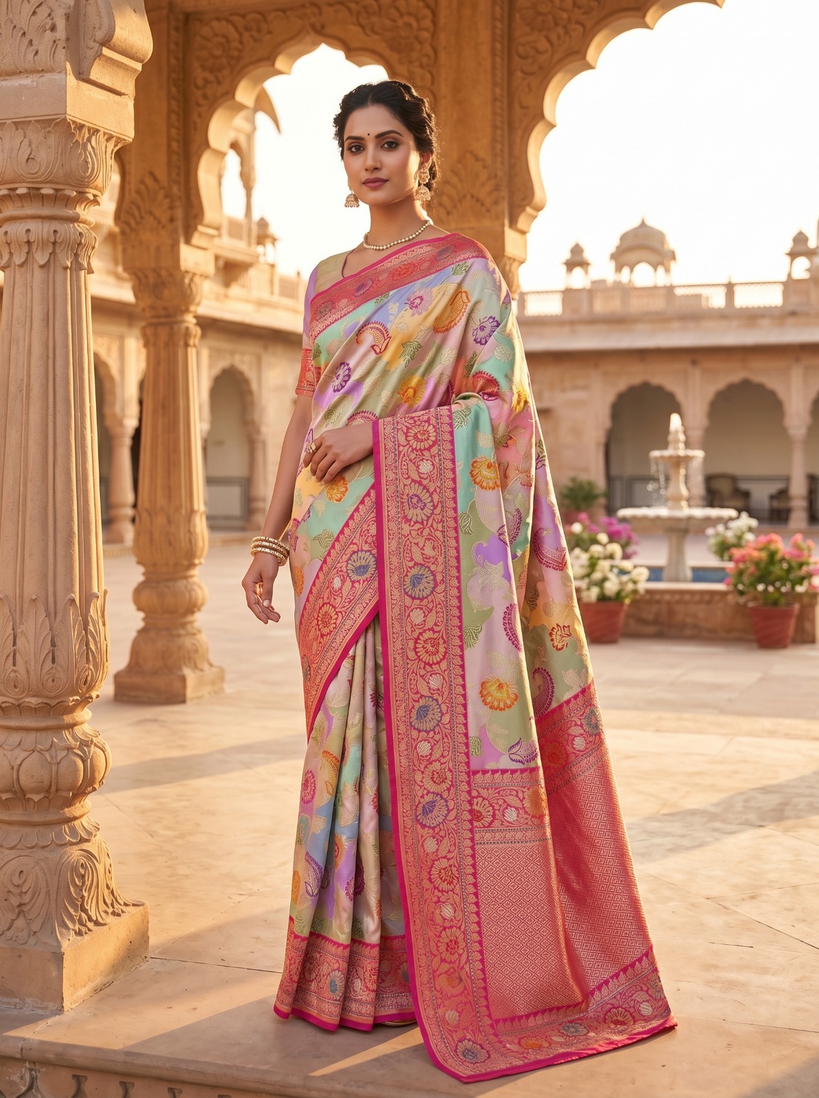 Detailed border texture of Banarasi Moonga Silk with intricate zari work