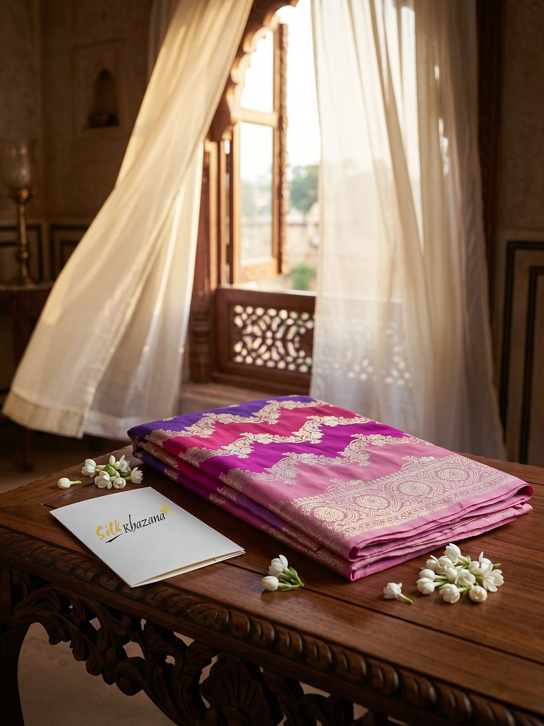 Rangkat saree showcasing complex woven colour transitions