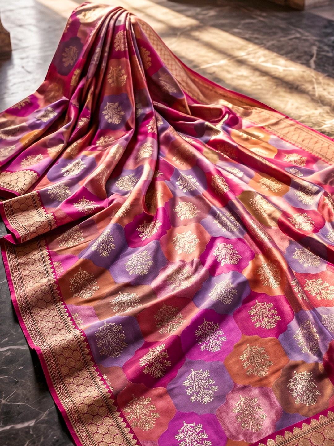A beautifully folded Banarasi silk saree placed inside a premium wooden box with muslin cloth