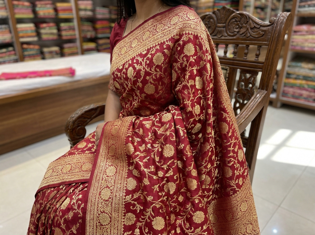 Jangla Banarasi saree all-over weave design