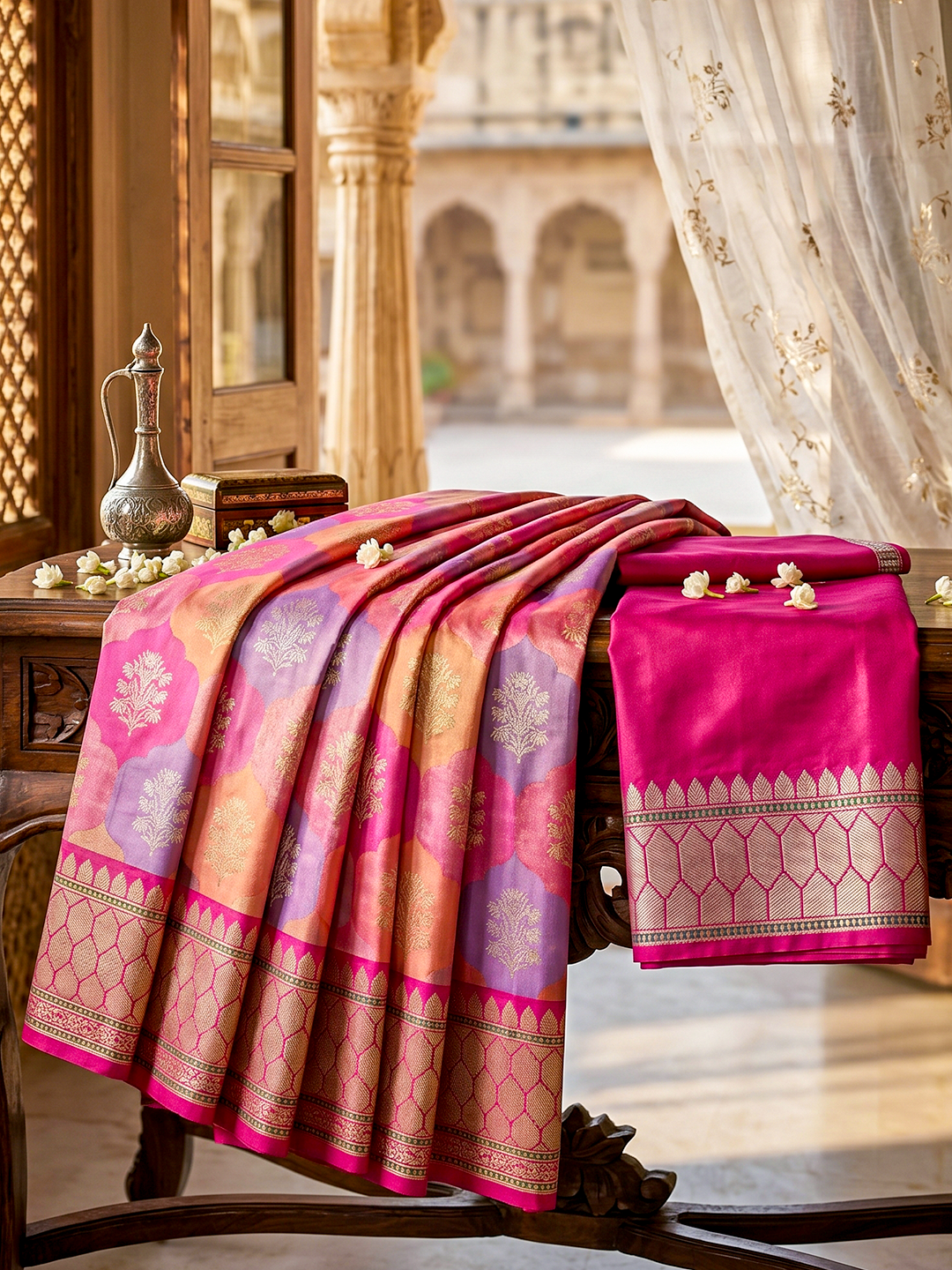 A luxurious deep red pure Katan silk Banarasi saree with heavy gold zari brocade work