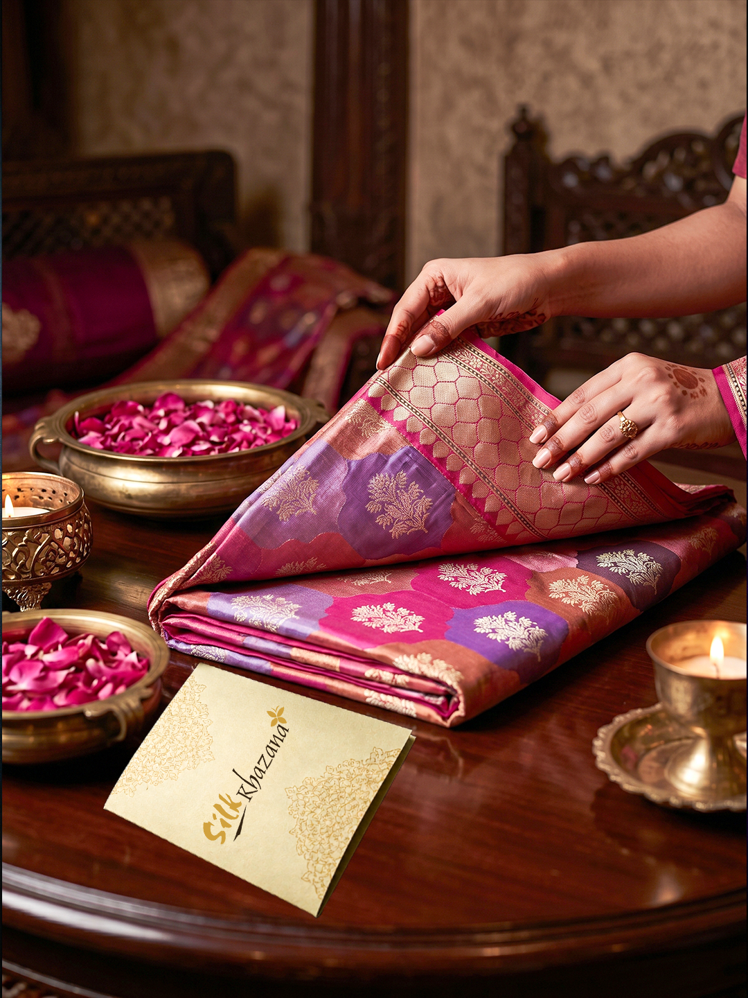 A beautiful pure Banarasi silk saree draped gracefully with the scenic Ghats of Varanasi in the background