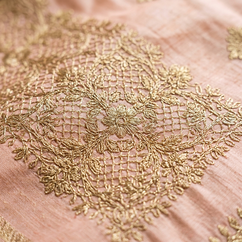 Intricate Jaal pattern woven on a light pastel Chiniya silk saree