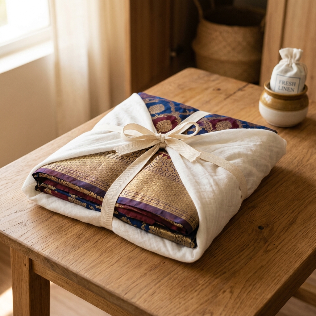Chiniya silk saree neatly folded and wrapped in muslin cloth