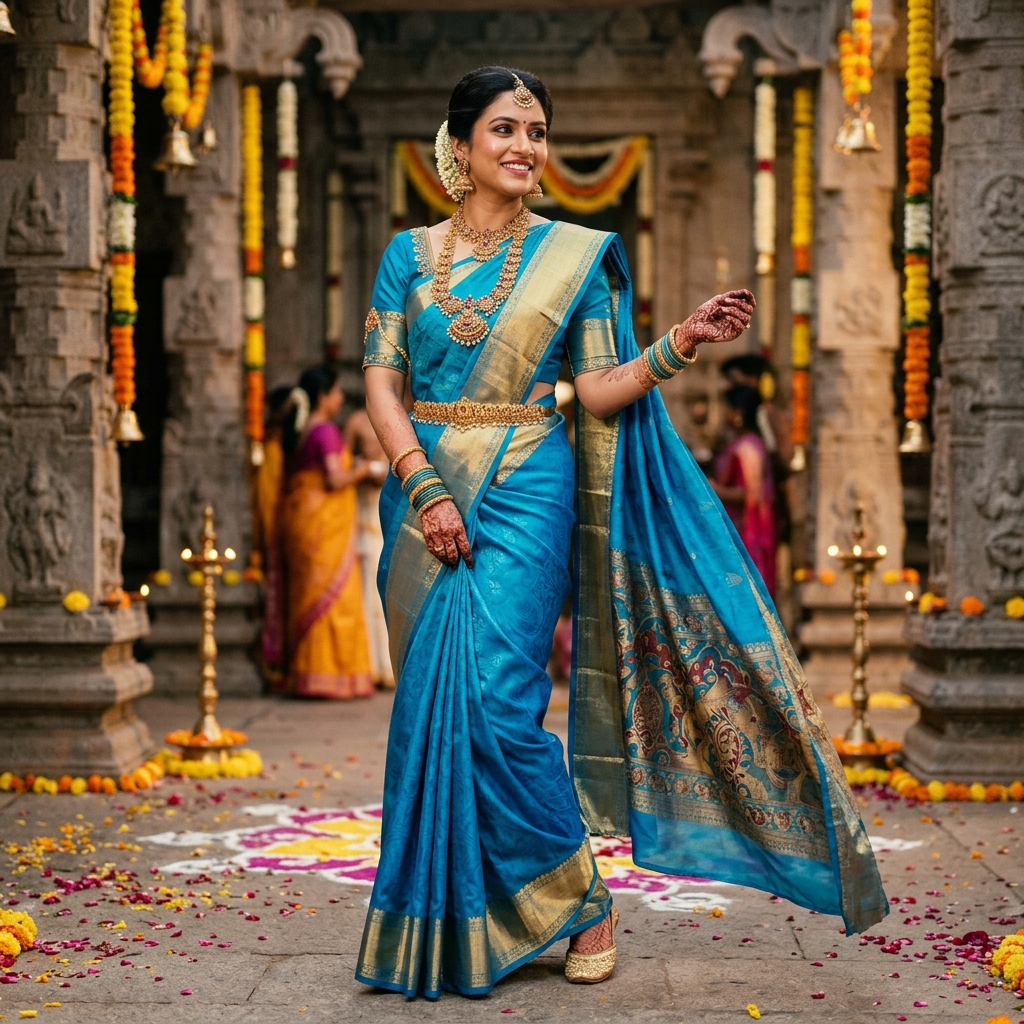 Elegant styling of a bright Chiniya silk saree