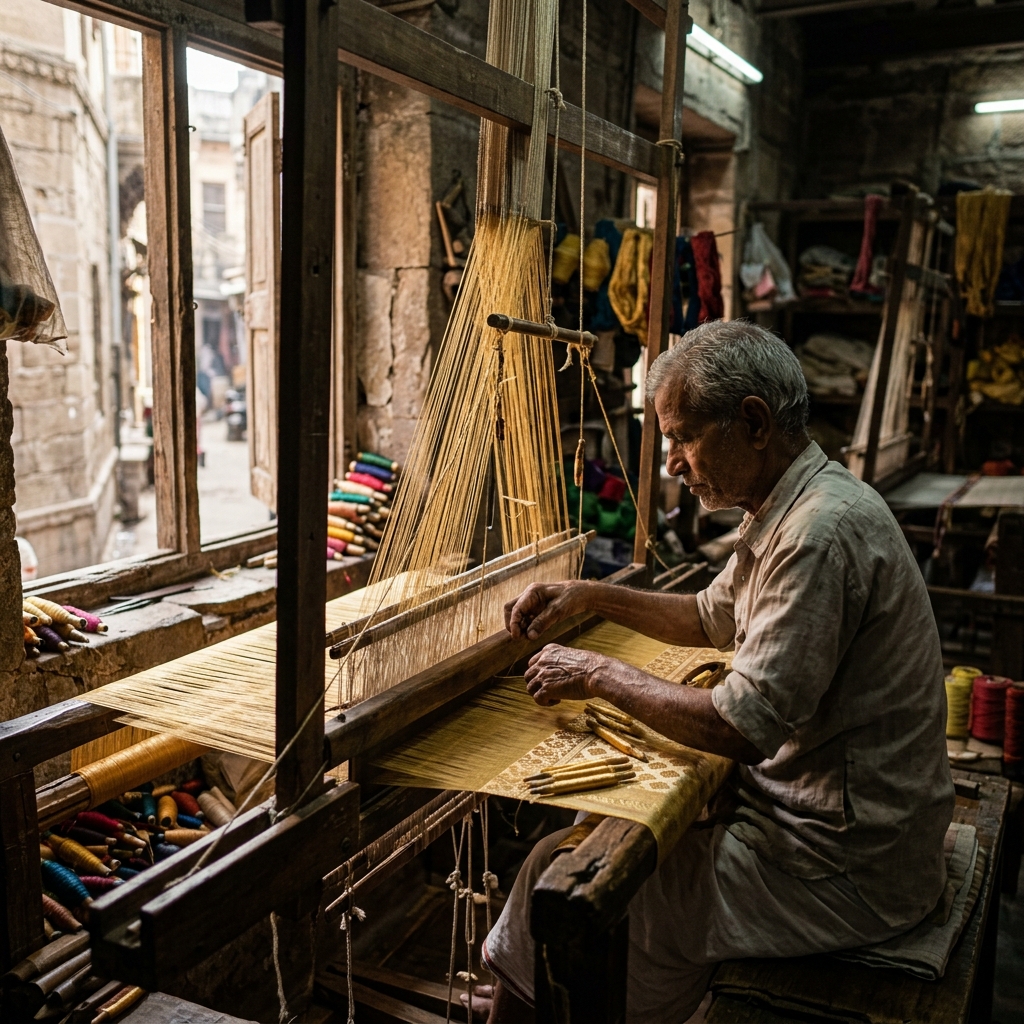 Traditional weaver in Varanasi working on a handloom