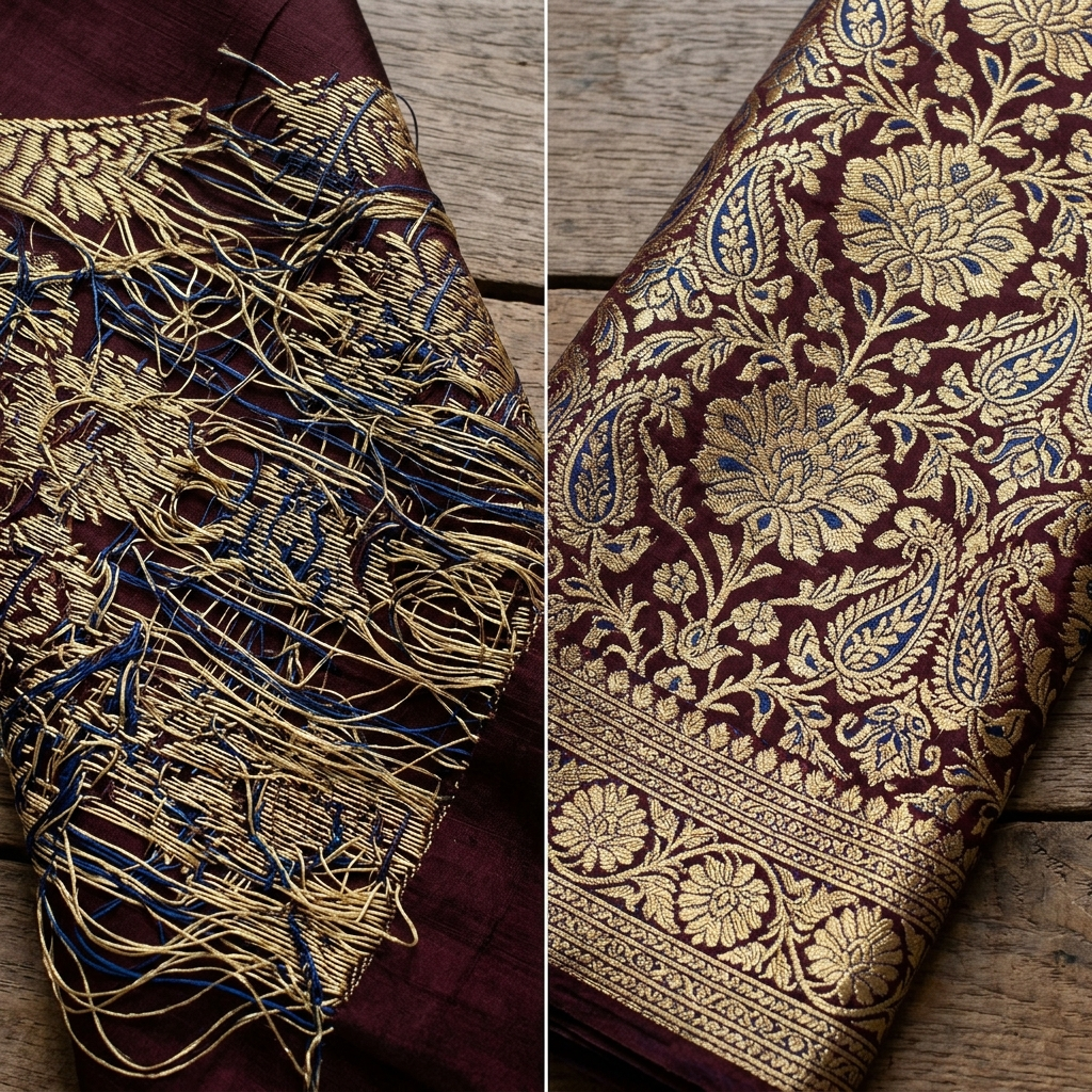 Close-up of the reverse side of a genuine woven Banarasi silk saree showing floating zari threads