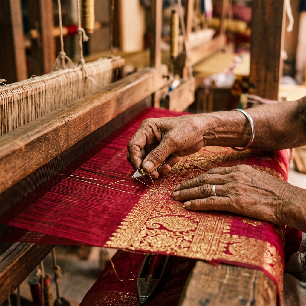 Close-up of a Varanasi silk weaver's hands working gold zari into silk
