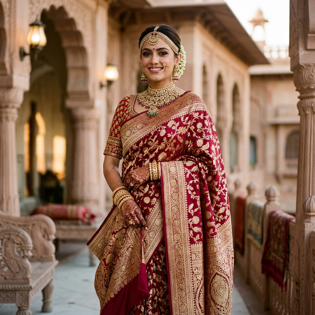 Royal Indian bride in crimson Banarasi Katan silk saree with gold zari motifs