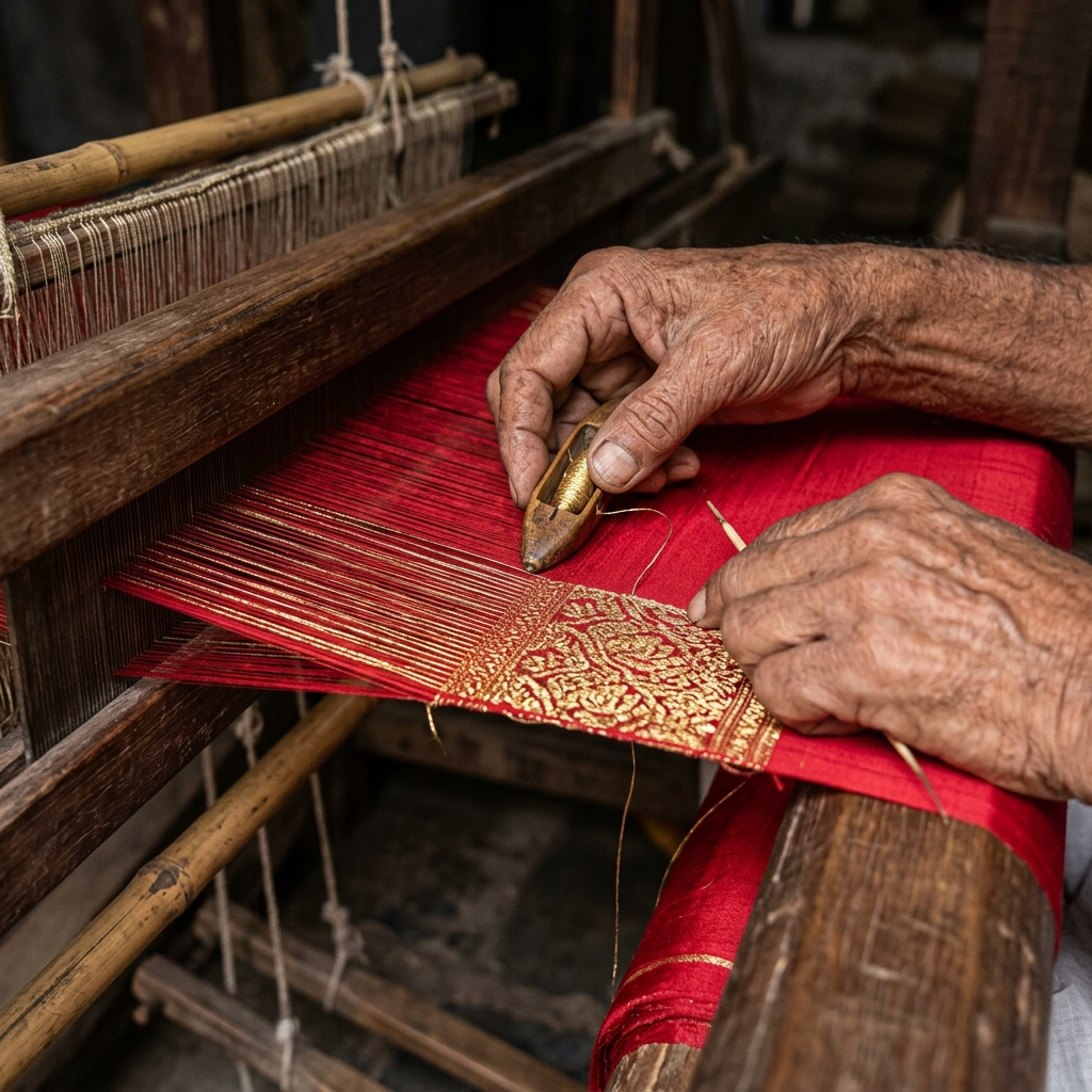 Master weaver working on a traditional Varanasi pit loom creating intricate gold brocade