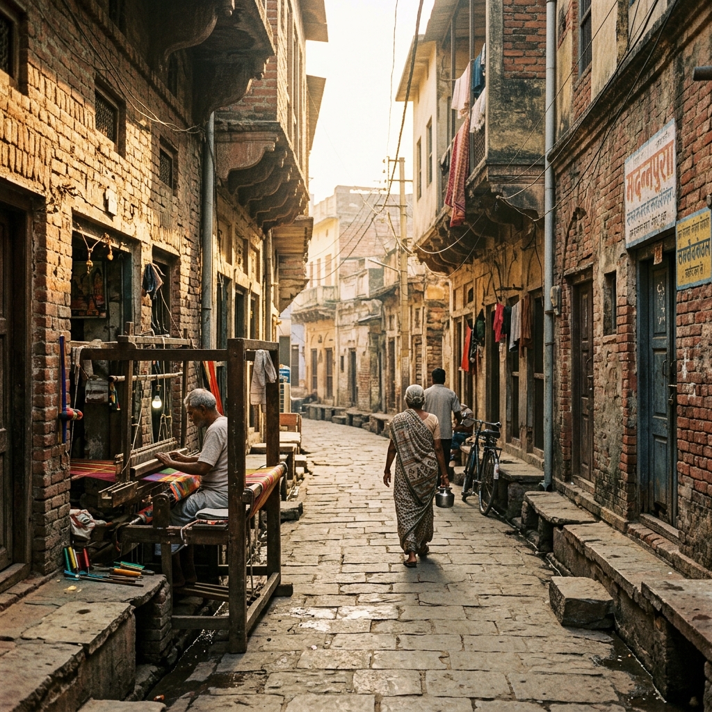 A narrow weaving lane in Madanpura, Varanasi, lined with weavers' homes