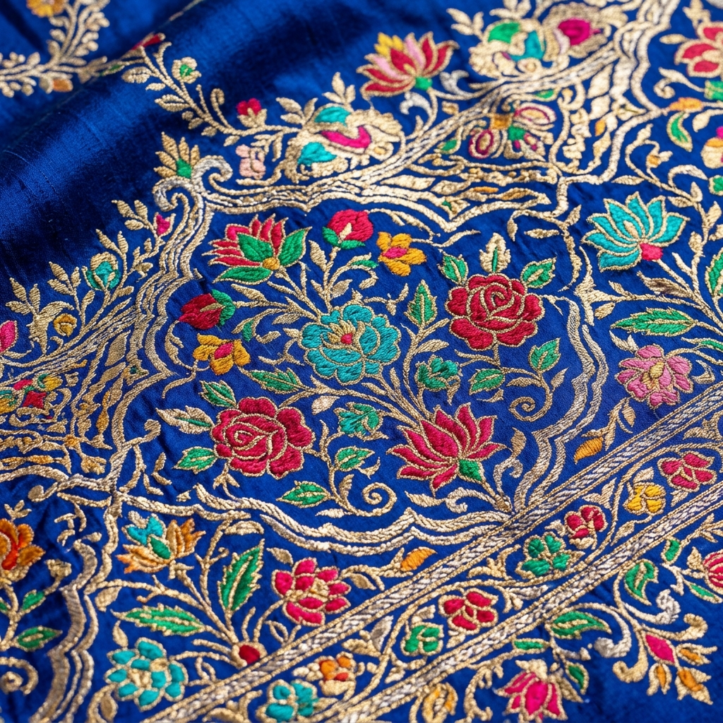 Close-up of vibrant Meenakari woven floral motifs with gold zari threadwork