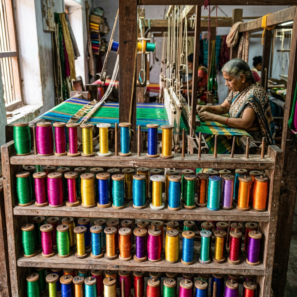 Brightly dyed silk yarn wound on bobbins in a Varanasi workshop
