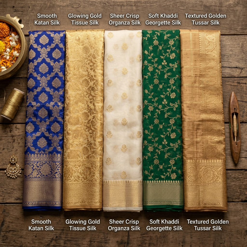 Showcase of pure Banarasi silk varieties including Katan, Tissue, Organza and Georgette