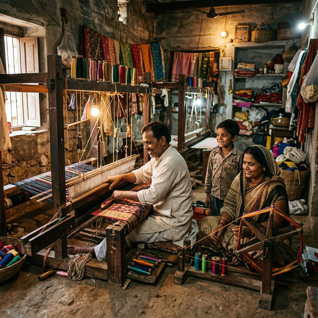 A Varanasi weaver's family working together around a handloom at home