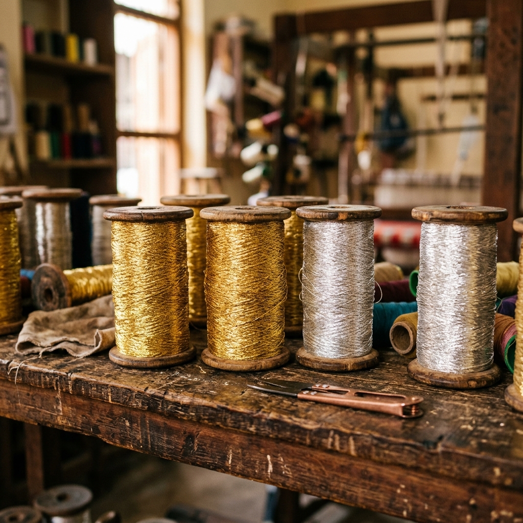 Spools of gold and silver zari thread used in Banarasi weaving