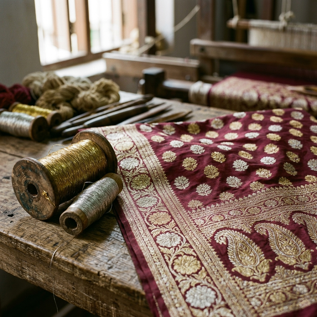 Spools of gold and silver zari thread alongside handwoven Banarasi silk fabric