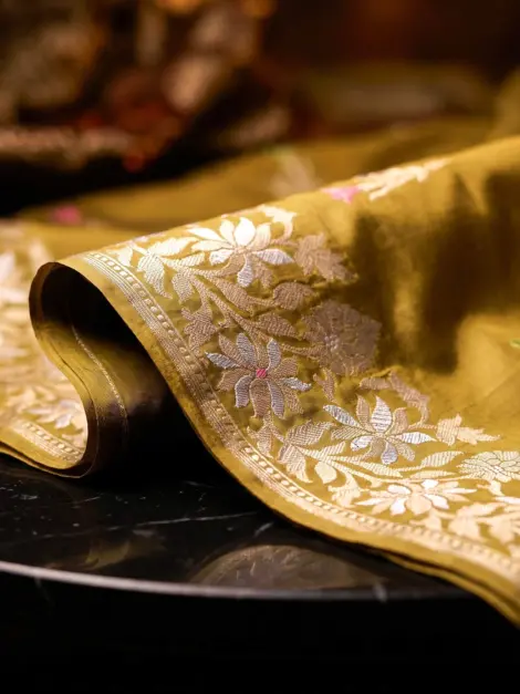 Handwoven Olive Green Banarasi Silk Saree with Floral Zari Border
