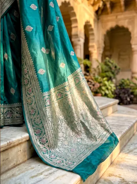 Handloom Teal Blue Banarasi Silk Saree with Meenakari Zari Buti