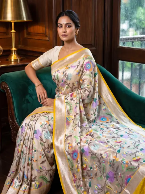 Pure Katan Mashru Banarasi Silk Saree with Floral Meenakari