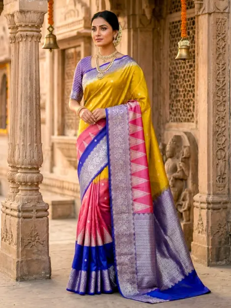 Pure Rangkat Banarasi Silk Saree in Yellow Pink and Royal Blue