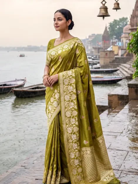 Pure Moonga Banarasi Silk Saree in Olive Green