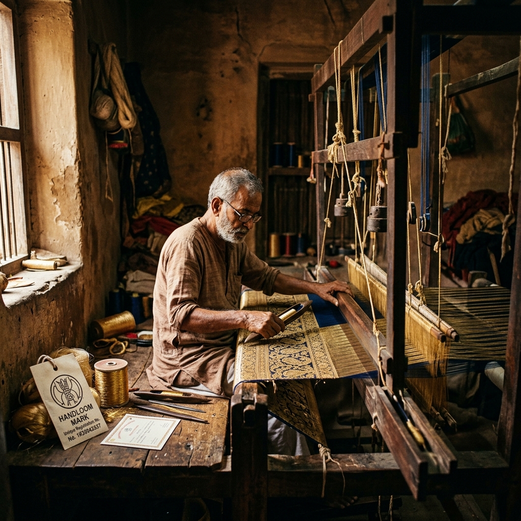 Master weaver at traditional Varanasi pit loom with authentic Handloom Mark certification
