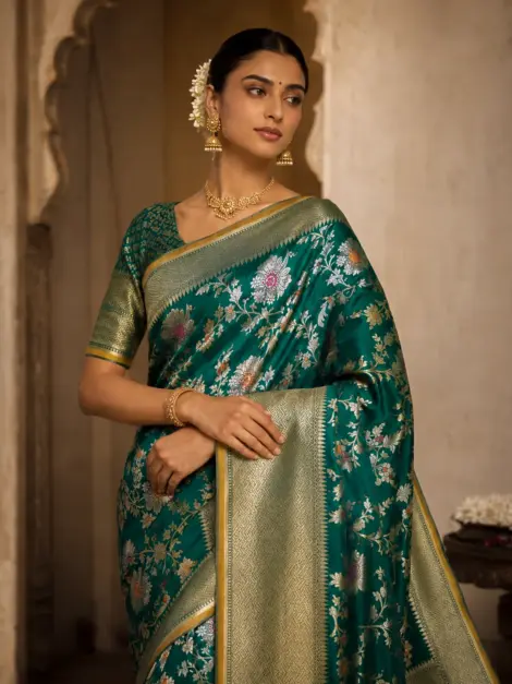 Pure Katan Meenakari Banarasi Silk Saree in Teal Green