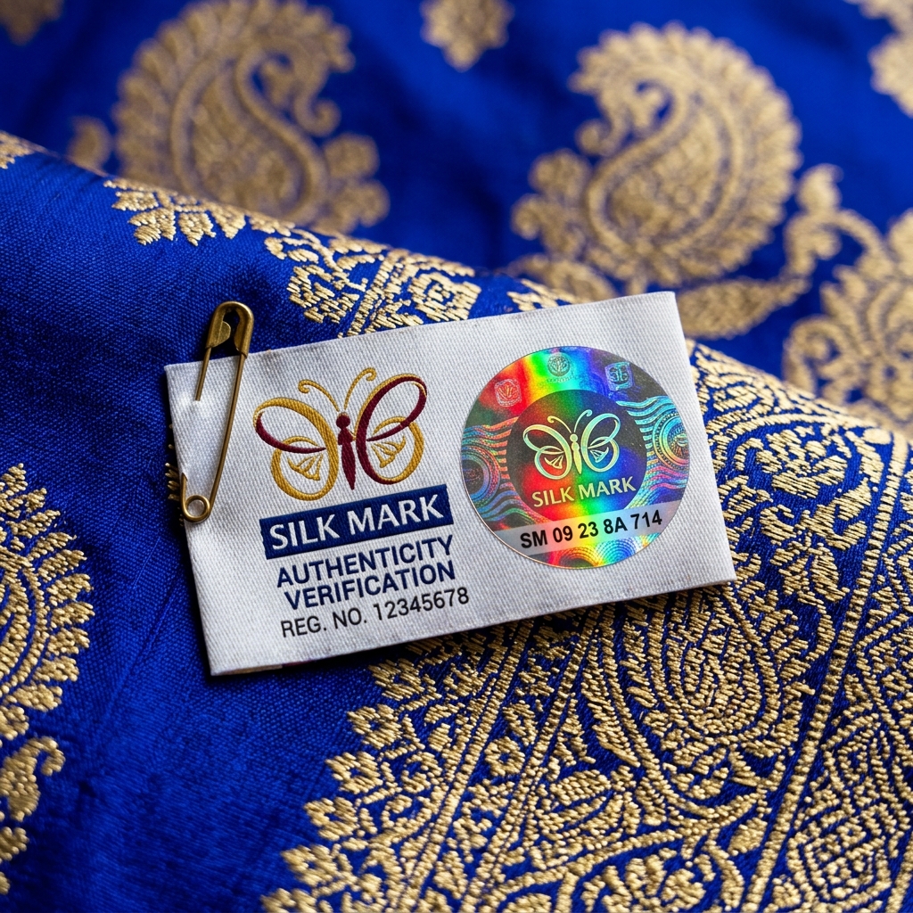 Close-up macro photo of authentic Silk Mark hologram label with unique serial number on Banarasi silk saree
