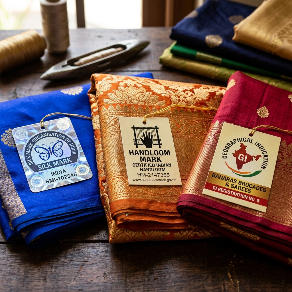 Three certification marks: GI Tag, Silk Mark, and Handloom Mark displayed on authentic silk sarees