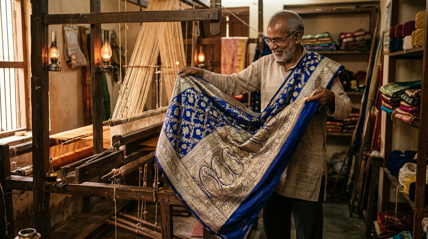 Artisan displaying authentic Banarasi Saree