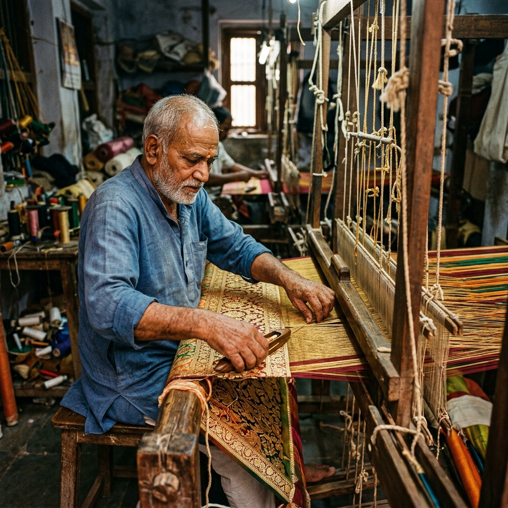 An Indian artisan master weaver operating a traditional wooden handloom