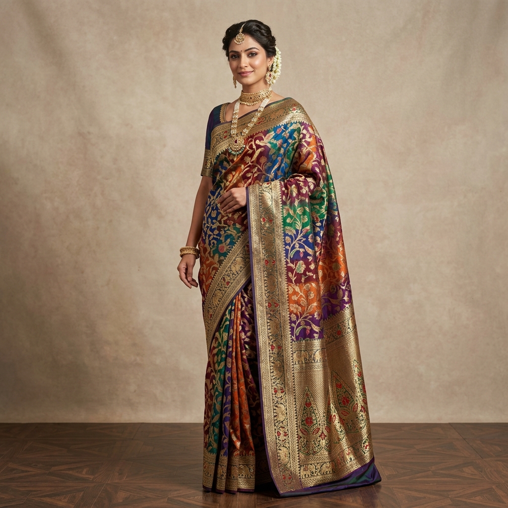 A breathtakingly beautiful Banarasi Jangla saree with intricate Meenakari and Rangkat work