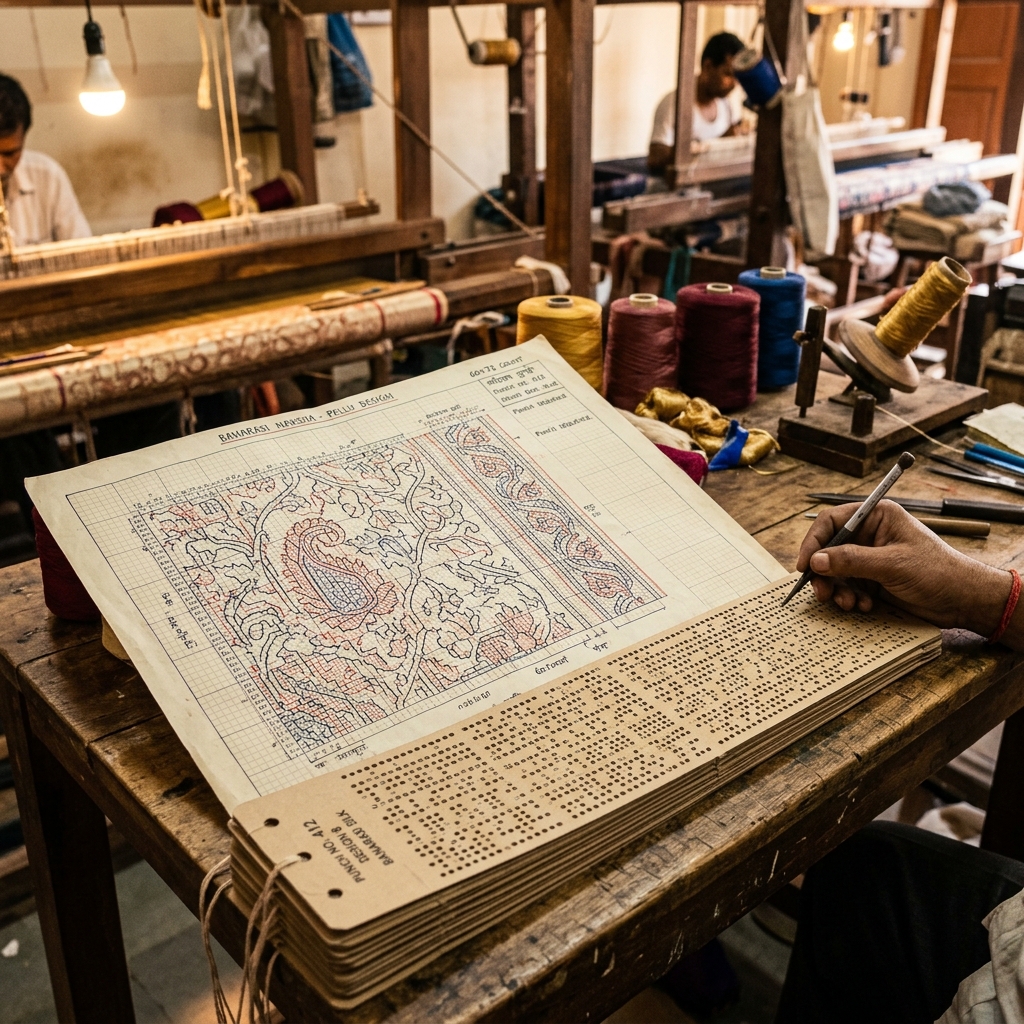 A traditional 'naksha' design mapping on graph paper and punch cards