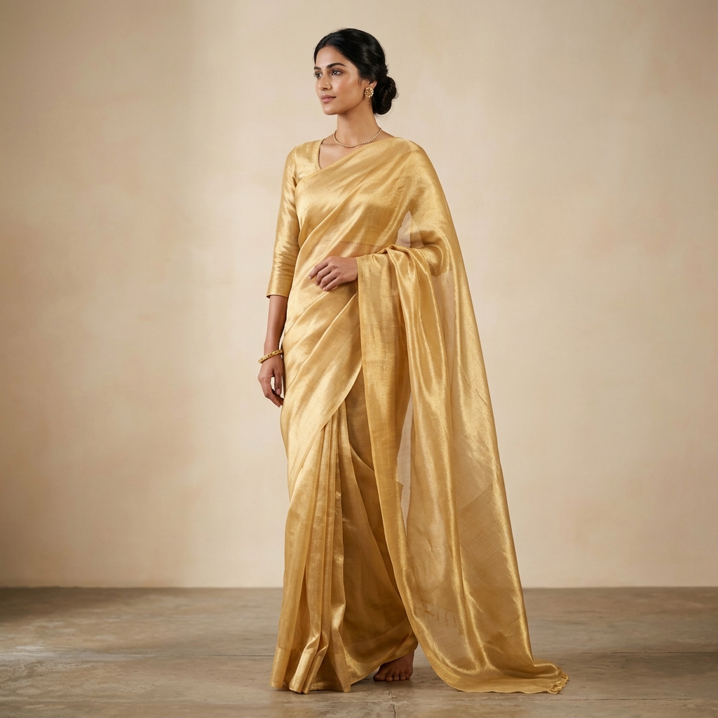 A plain tissue Banarasi silk saree with a sheer silk ground