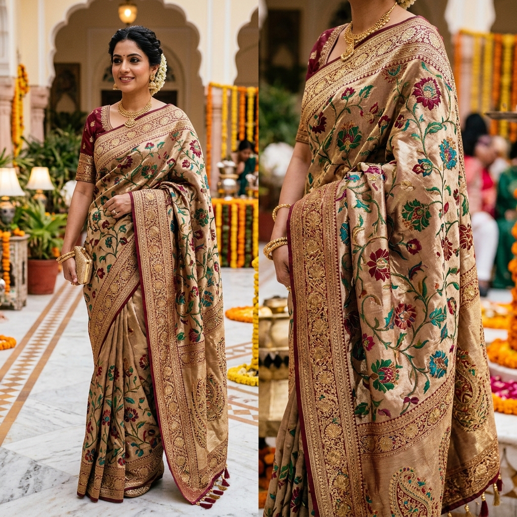 Tissue brocade Banarasi saree with raised woven floral motifs