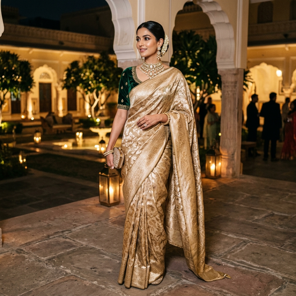 Model wearing a tissue silk Banarasi saree draped gracefully