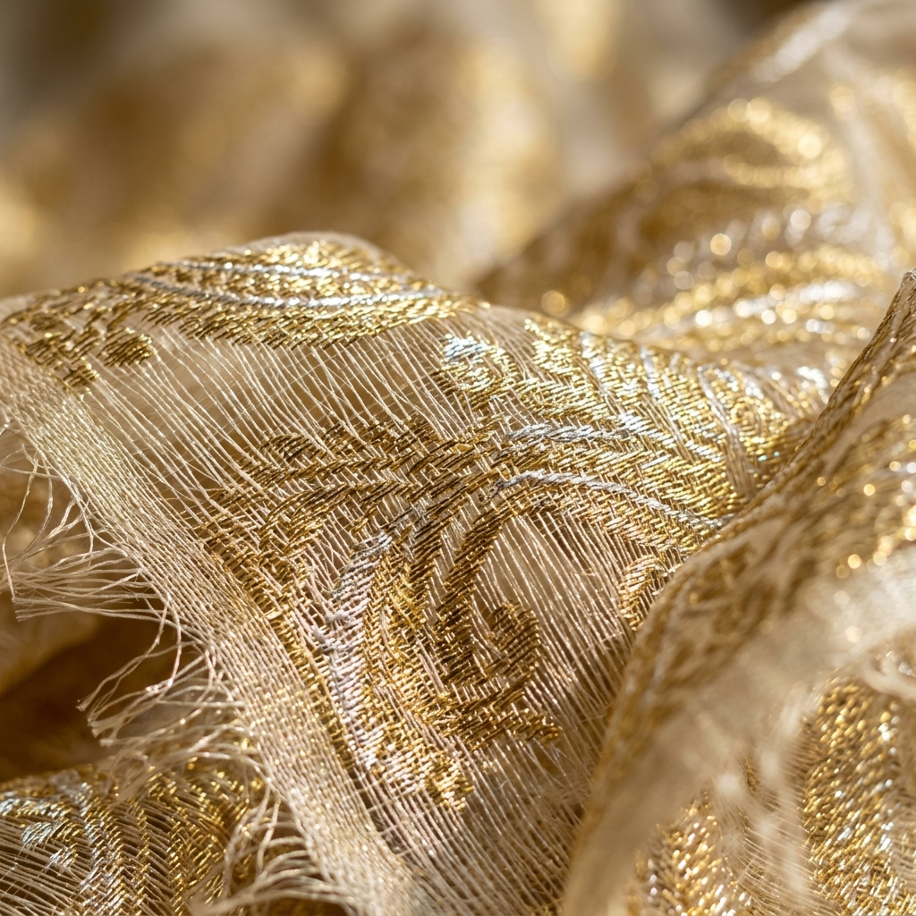 Close-up of tissue silk weave showing fine silk warp and metallic zari weft