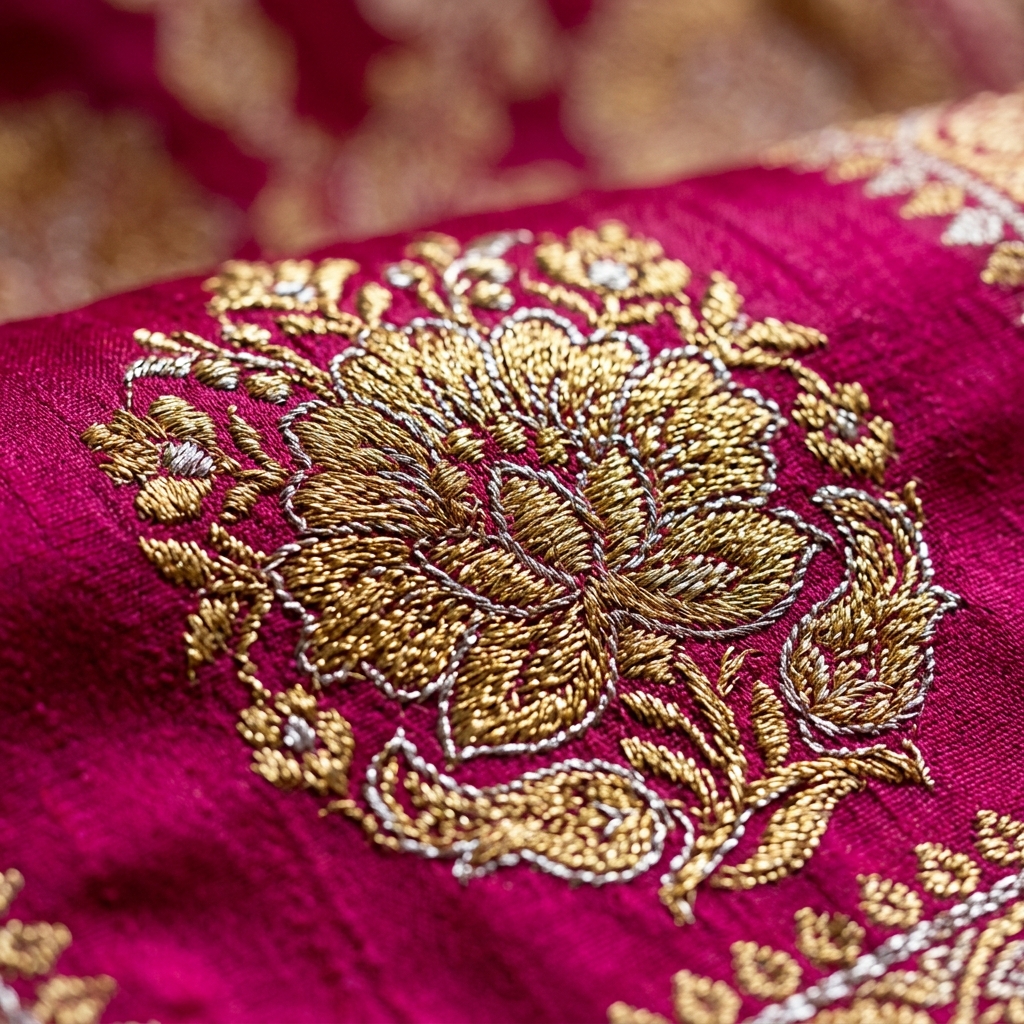 Close-up of intricate zari metallic thread woven into a Banarasi silk saree