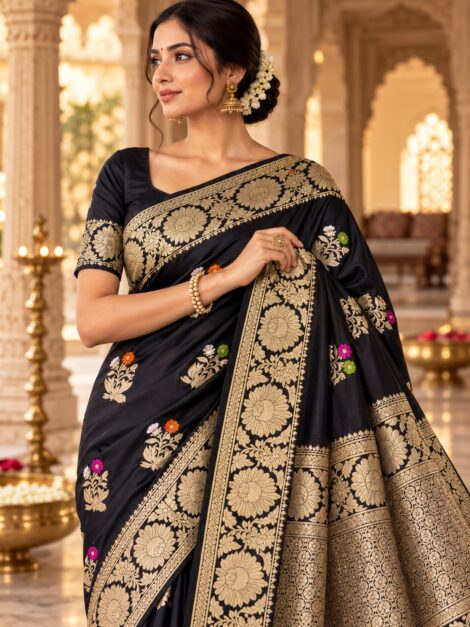 Black Katan silk Banarasi saree with kadwa buta florals and gold zari border worn by a model